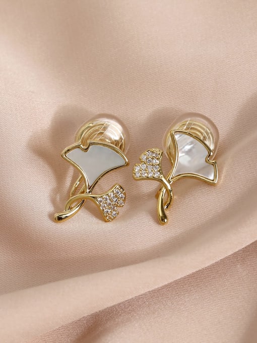 14k Gold [ ear clip] Brass Cubic Zirconia Enamel Leaf Vintage Clip Earring